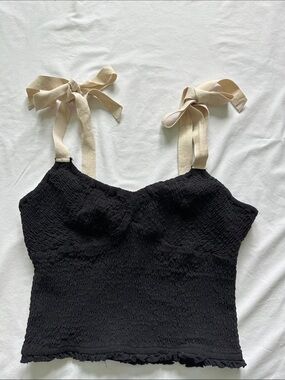 Free People Black Smocked Tank with Cream Tie Straps